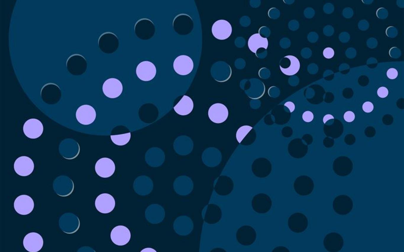 Dark blue header with lighter blue circles and purplish dots