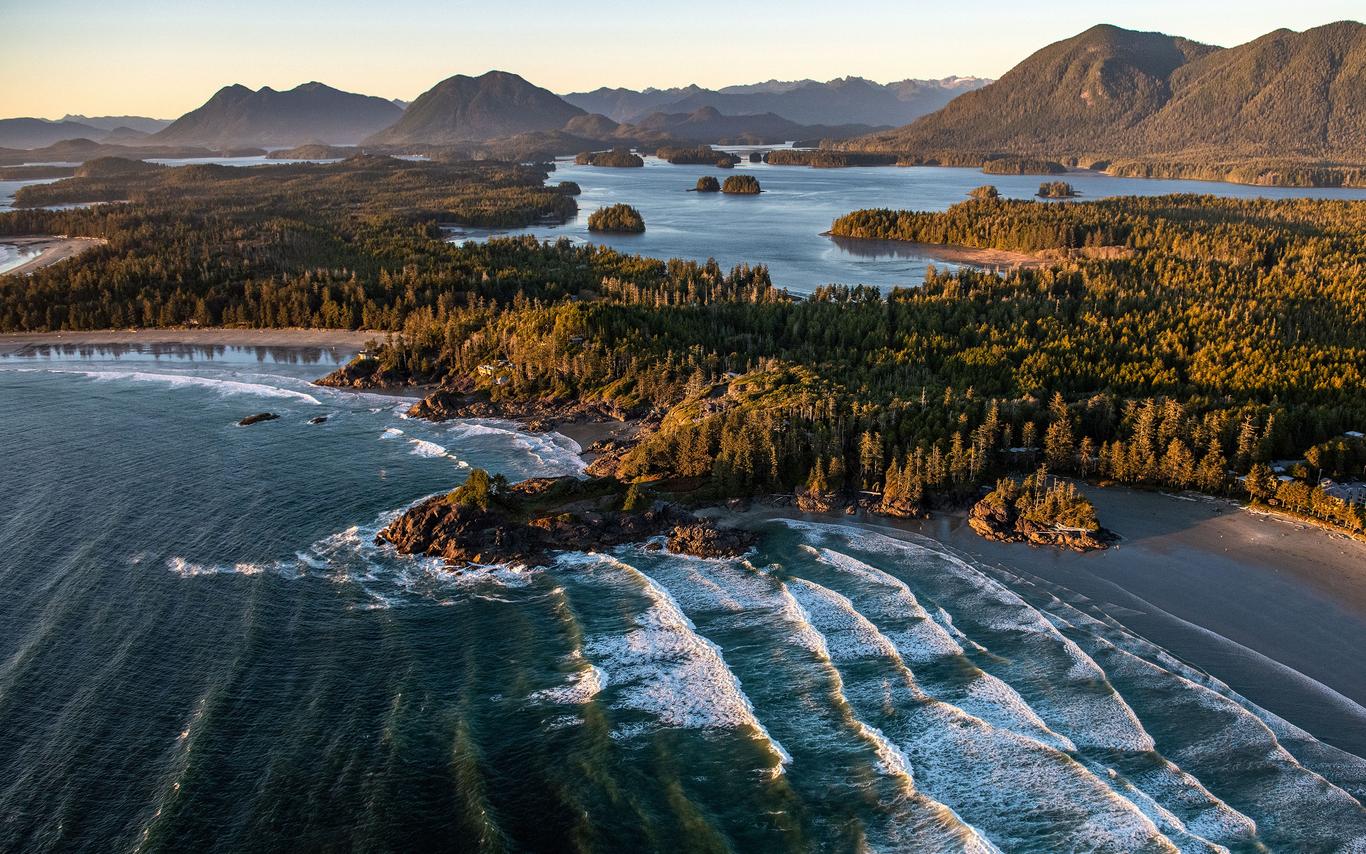 Arial view of a rugged shoreline with sand beaches and forest. 